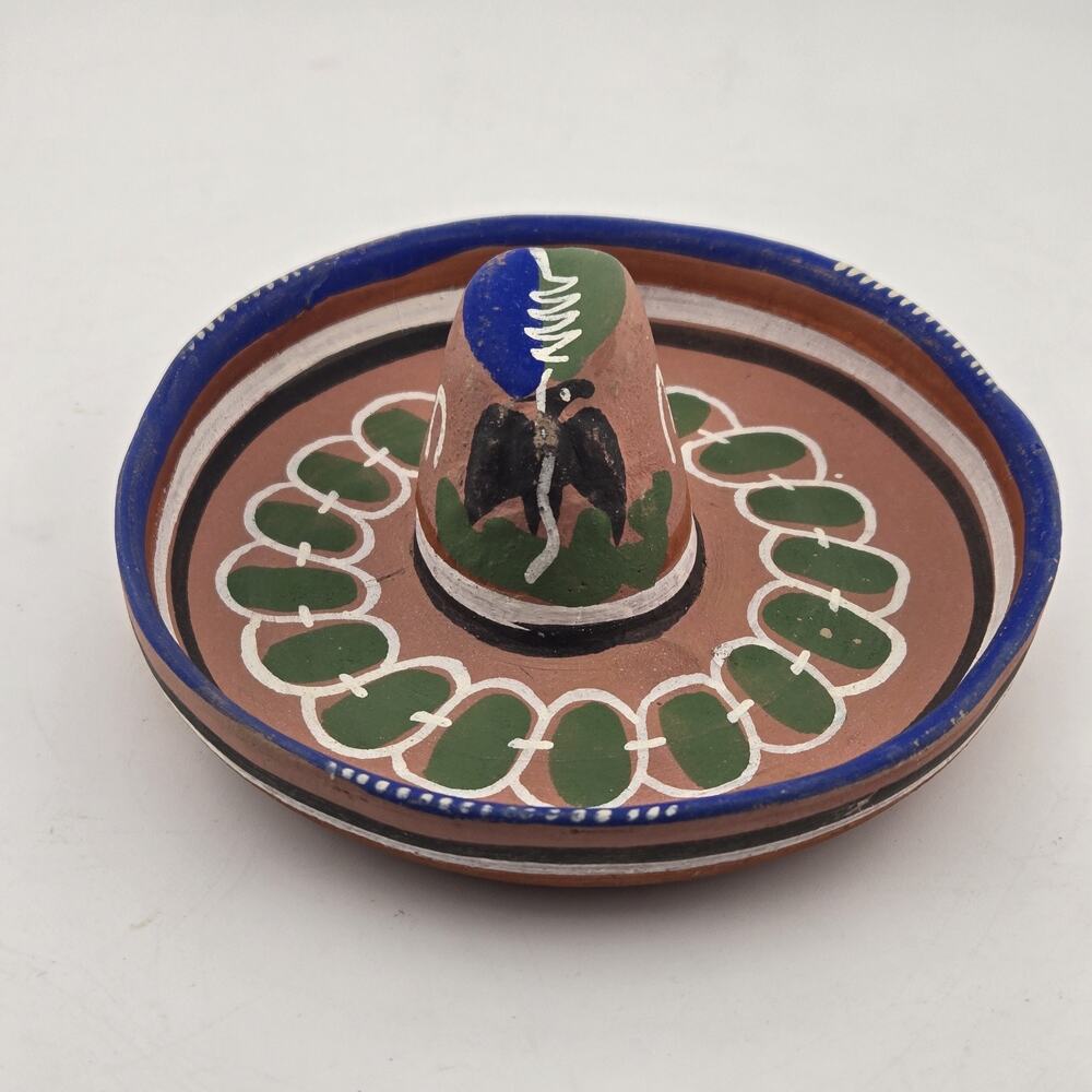 Vintage Mexico Terracotta Pottery Sombrero Ashtray Hat 1965 Hand Painted 5.5"